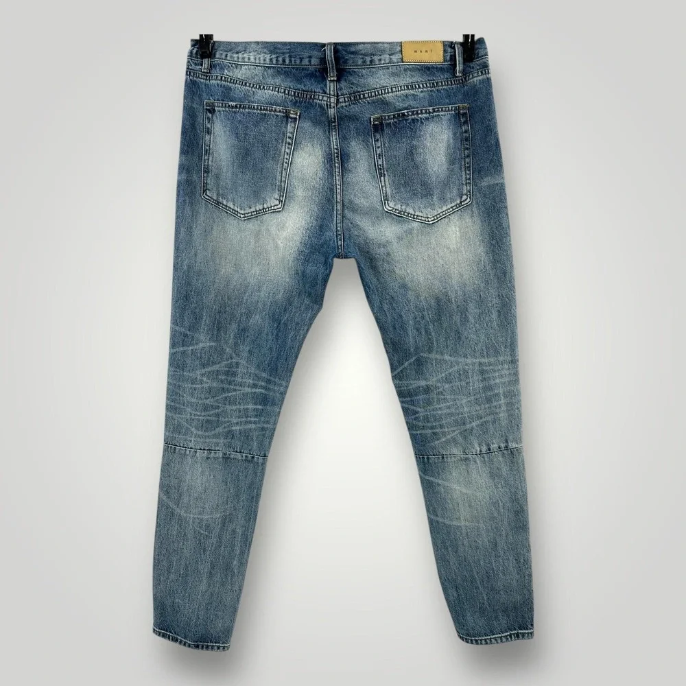 Mnml Jeans Mens 42 (43x34) Blue Medium Wash Tapered‎ Leg Button Fly Faded Denim